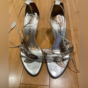 COUP D’ÉTAT Heels with wrap around ankle straps.  Bronze and Silver Leafs